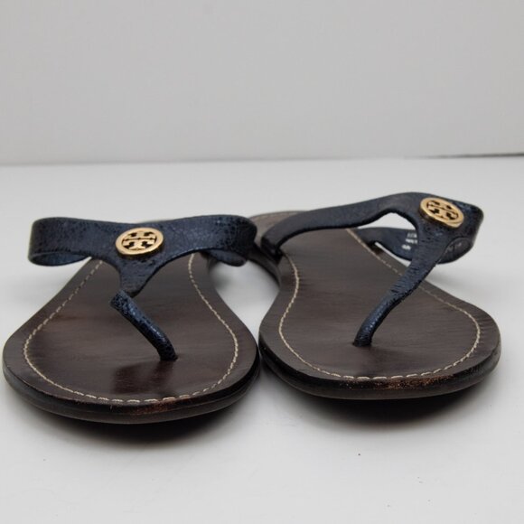 Tory Burch Cameron Sandals Metallic Embossed Crackled Leather Thong Blue 8.5 - Picture 2 of 7